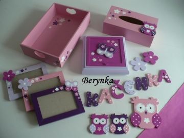 Dřevěné dekorace - fialová a růžová