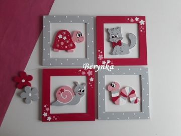 Dřevěné dekorace - růžová, šedá, malinová