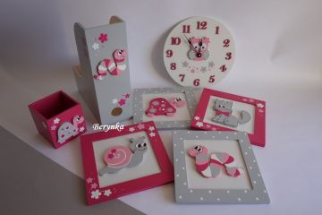 Dřevěné dekorace - růžová, šedá, malinová