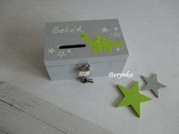 Dřevěná pokladnička s dinosaurem