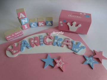 Dřevěné dekorace - růžovo-modré