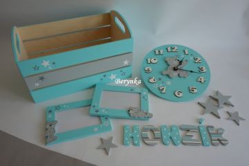 Dřevěné dekorace - tyrkysové s medvídkem