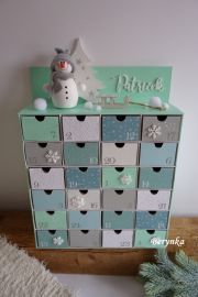 Adventní kalendář mátovo-šedý se sněhulákem