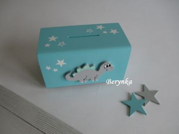 Dřevěná pokladnička s dinosaurem