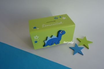 Dřevěná pokladnička s dinosaurem
