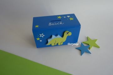 Dřevěná pokladnička s dinosaurem