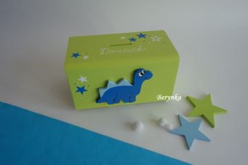 Dřevěná pokladnička s dinosaurem