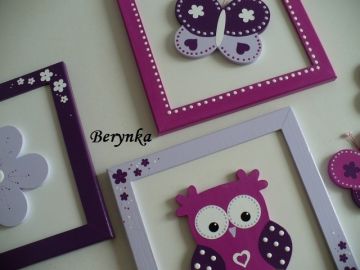 Dřevěné dekorace - fialová s fuchsiovou