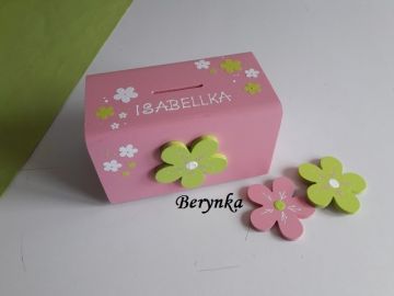 Dřevěné dekorace s kytičkou - růžová se zelenou a bílou