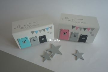 Dřevěná pokladnička v nordic stylu - s medvídky