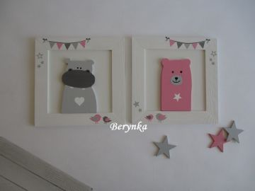 Dřevěné dekorace v nordic stylu s medvídkem a hrošíkem