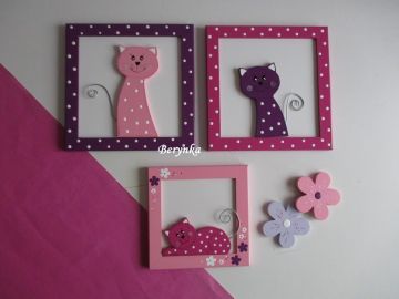 Dřevěné dekorace - ve fialové a růžové s kočičkou