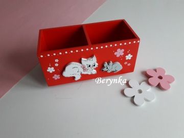 Dřevěné dekorace - červené s kočičkou