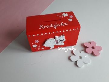 Dřevěné dekorace - červené s kočičkou