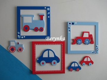 Dřevěné dekorace - červeno-modré s autíčkem