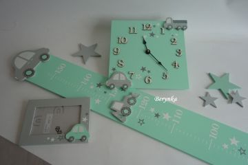 Dřevěné dekorace - mátovo-šedé s autíčkem