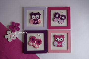 Dřevěné dekorace - ve fialové a růžové se sovičkou