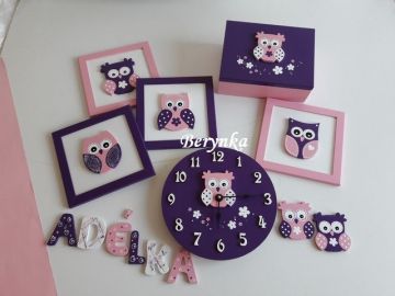 Dřevěné dekorace - tmavě fialová, růžová, bílá