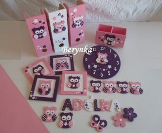 Dřevěné dekorace - tmavě fialová, růžová, bílá