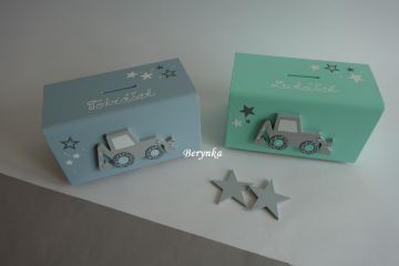 Dřevěná pokladnička s bagrem