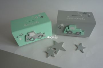 Dřevěná pokladnička s bagrem