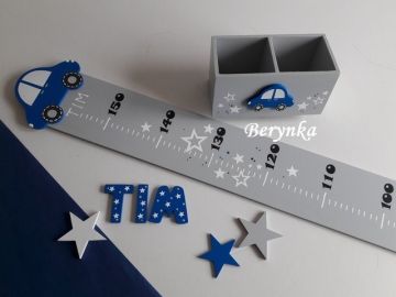 Dřevěné dekorace - šedé s modrým autíčkem