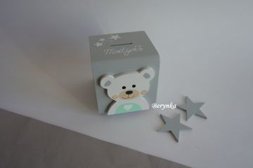 Dřevěná pokladnička v nordic stylu - s medvídkem