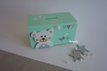 Dřevěná pokladnička v nordic stylu - s medvídkem