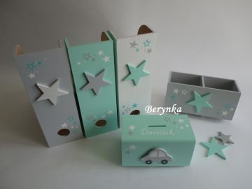 Dřevěné dekorace - mátovo-šedé s hvězdičkou