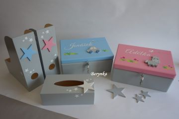 Dřevěné dekorace - šedé s modrou a růžovou