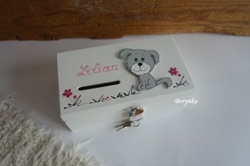 Dřevěná pokladnička se štěňátkem