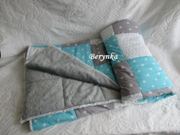 Patchworková bavlněná deka s minky - tyrkysová