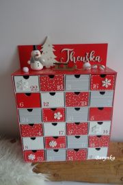 Adventní kalendář červeno-šedý se sněhulákem