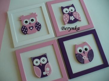 Dřevěné dekorace - tmavě fialová, bílá a růžová