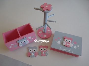 Dřevěné dekorace - růžovo-šedé se sovičkou