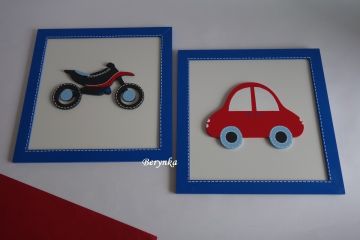 Dřevěné dekorace - červeno-modrá s dopravními prostředky