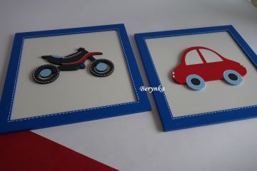 Dřevěné dekorace - červeno-modrá s dopravními prostředky