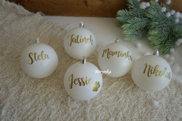 Vánoční baňky s textem na přání - bílé s černým nápisem