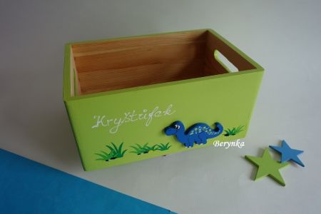 Dřevěná bedýnka s dinosaurem