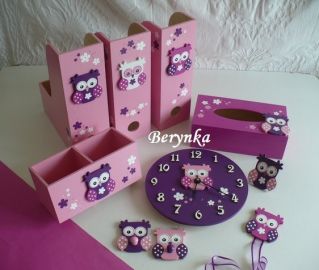 Dřevěné dekorace - růžovo-fialové se sovičkou