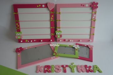 Dřevěné dekorace - růžovo-zelené s malinovou