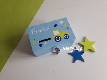 Dřevěná pokladnička s traktorem