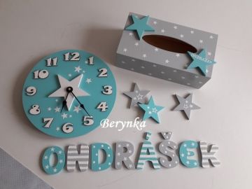 Dřevěné dekorace - šedo-tyrkysové