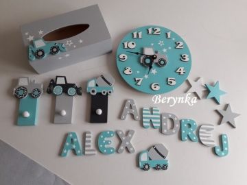 Dřevěné dekorace - šedo-tyrkysové