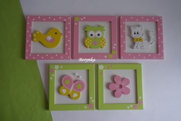 Dřevěné dekorace - růžovo-zeleno-žluté