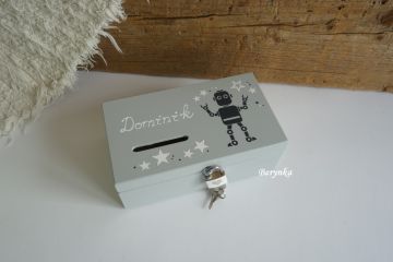 Dřevěná pokladnička s robotem