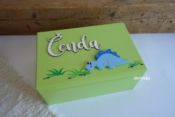 Dřevěná bedýnka s dinosaurem