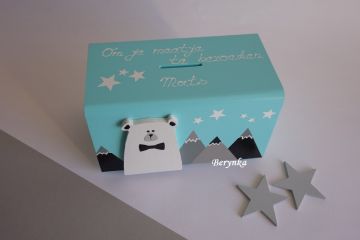 Dřevěná pokladnička s medvědem a horami