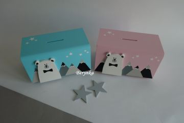 Dřevěná pokladnička s medvědem a horami