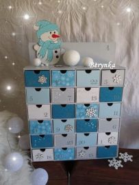 Adventní kalendář pro děti v tyrkysovo-šedé se sněhulákem